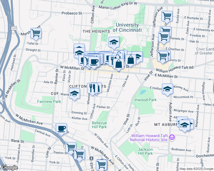 map of restaurants, bars, coffee shops, grocery stores, and more near 2408 Moerlein Avenue in Cincinnati