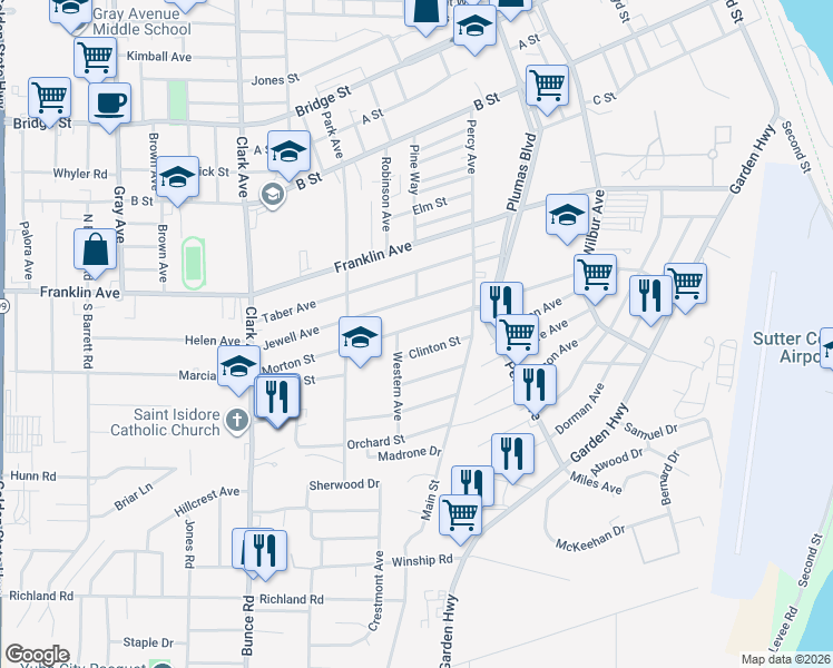 map of restaurants, bars, coffee shops, grocery stores, and more near 60 Morton St in Yuba City