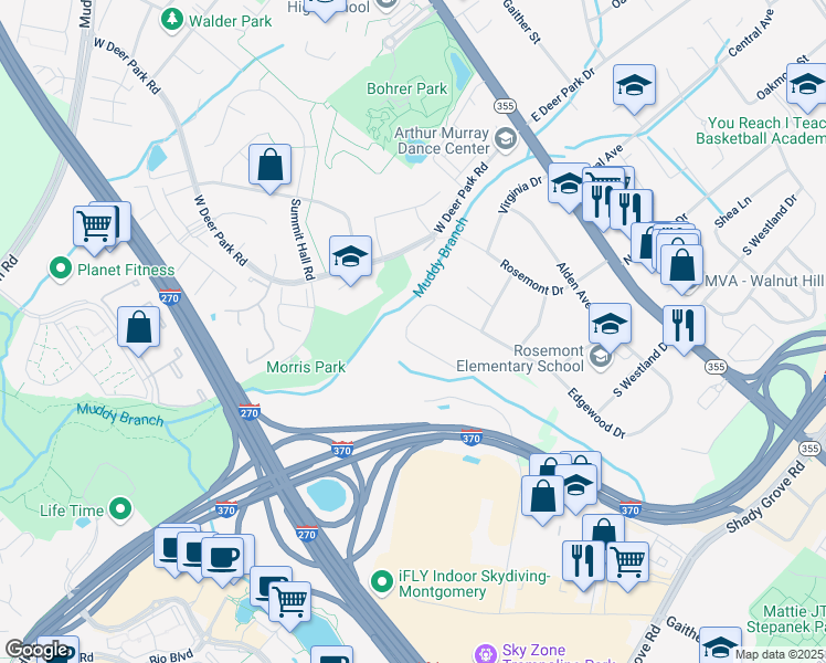 map of restaurants, bars, coffee shops, grocery stores, and more near 9316 Edgewood Court in Gaithersburg