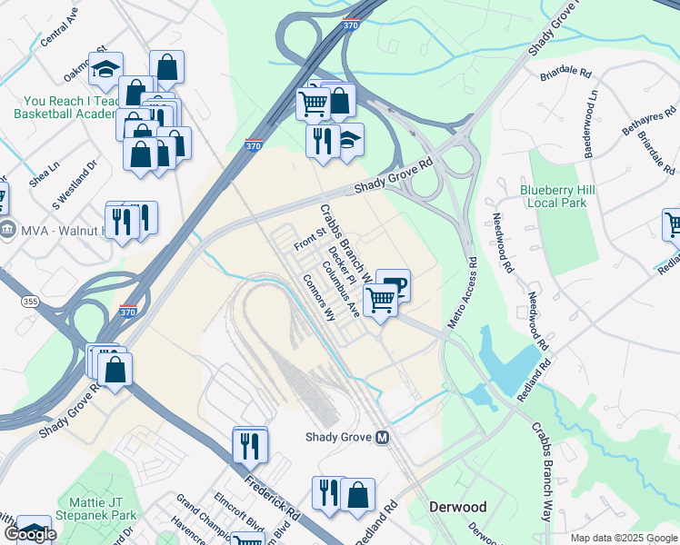 map of restaurants, bars, coffee shops, grocery stores, and more near 8078 Tribeca Street in Derwood