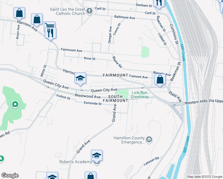 map of restaurants, bars, coffee shops, grocery stores, and more near 1709 Queen City Avenue in Cincinnati