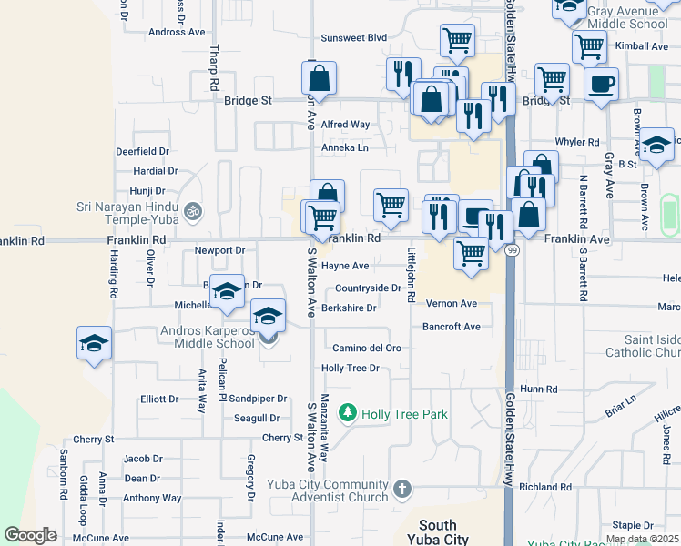 map of restaurants, bars, coffee shops, grocery stores, and more near 1530 Hayne Ave in Yuba City