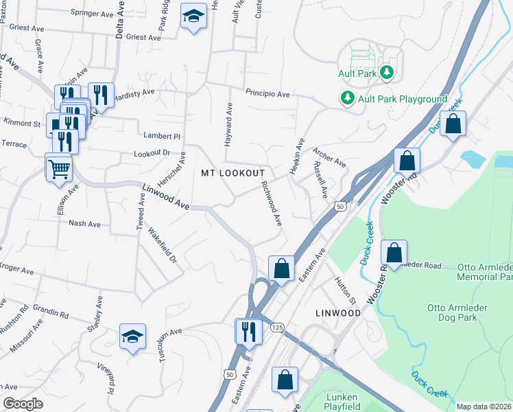 map of restaurants, bars, coffee shops, grocery stores, and more near 1071 Richwood Avenue in Cincinnati