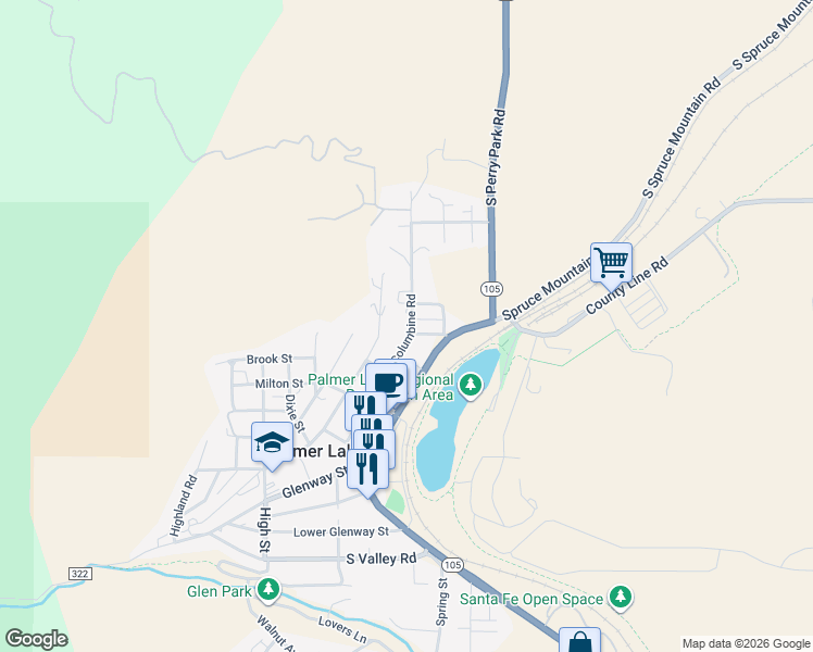 map of restaurants, bars, coffee shops, grocery stores, and more near 6 Page Street in Palmer Lake