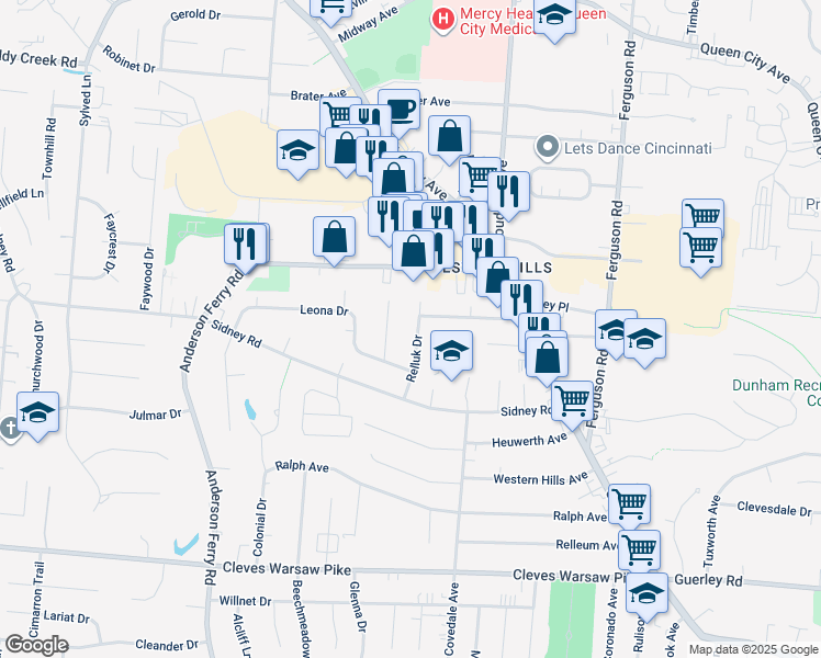 map of restaurants, bars, coffee shops, grocery stores, and more near 5255 Relluk Drive in Cincinnati