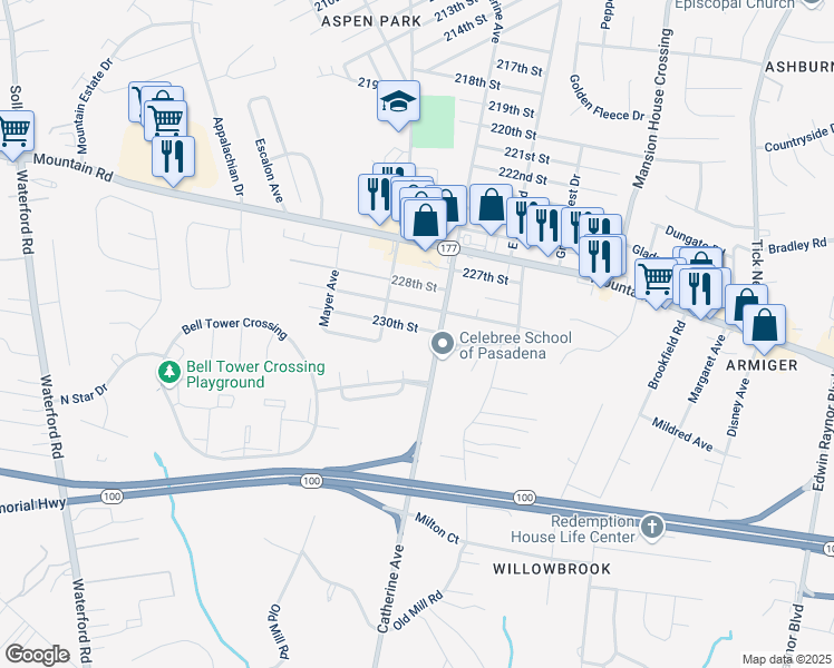 map of restaurants, bars, coffee shops, grocery stores, and more near 2413 230th Street in Pasadena