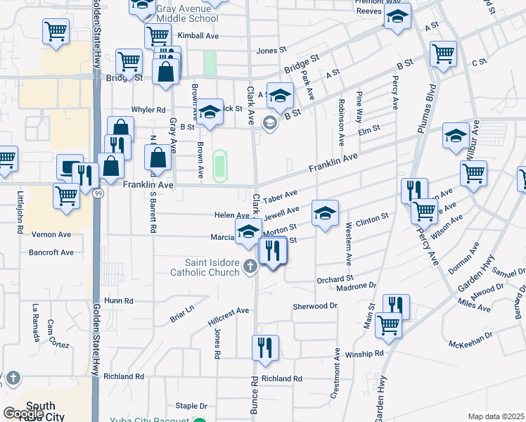 map of restaurants, bars, coffee shops, grocery stores, and more near 53 Clark Avenue in Yuba City
