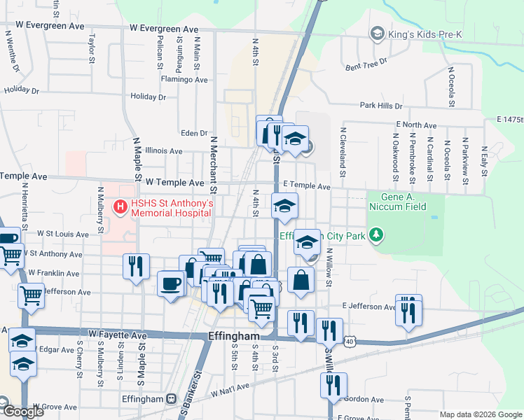 map of restaurants, bars, coffee shops, grocery stores, and more near 502 North 4th Street in Effingham