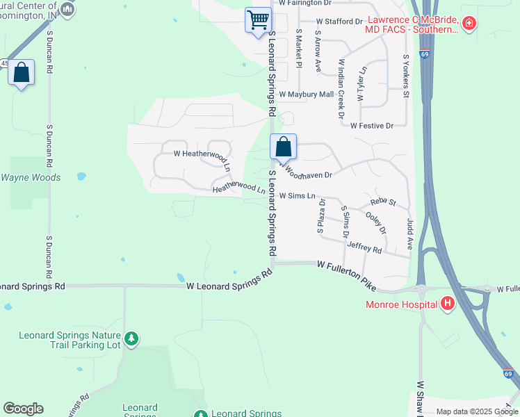 map of restaurants, bars, coffee shops, grocery stores, and more near 3700 South Leonard Springs Road in Bloomington