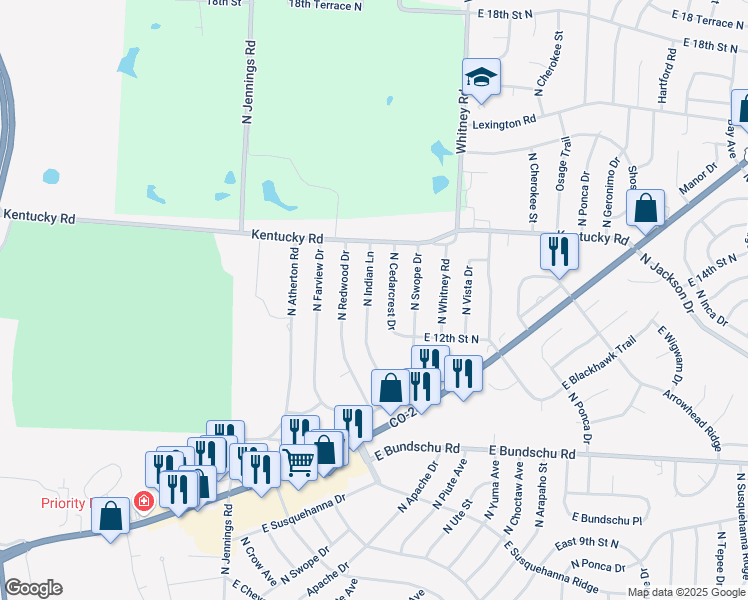 map of restaurants, bars, coffee shops, grocery stores, and more near 1213 North Indian Lane in Independence
