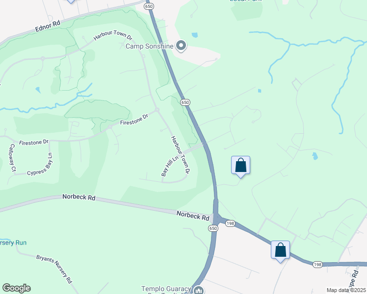 map of restaurants, bars, coffee shops, grocery stores, and more near 16601 Harbour Town Drive in Silver Spring