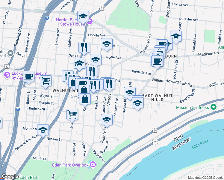 map of restaurants, bars, coffee shops, grocery stores, and more near 2516 Victory Parkway in Cincinnati