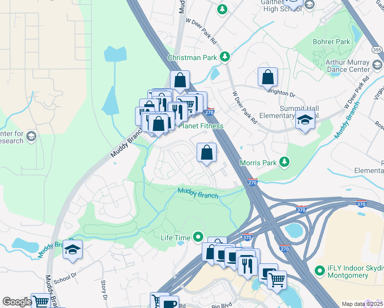 map of restaurants, bars, coffee shops, grocery stores, and more near 337 Summitt Hall Drive in Gaithersburg