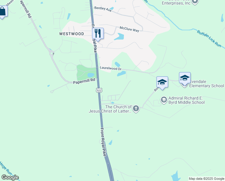 map of restaurants, bars, coffee shops, grocery stores, and more near 1357 Front Royal Pike in Winchester