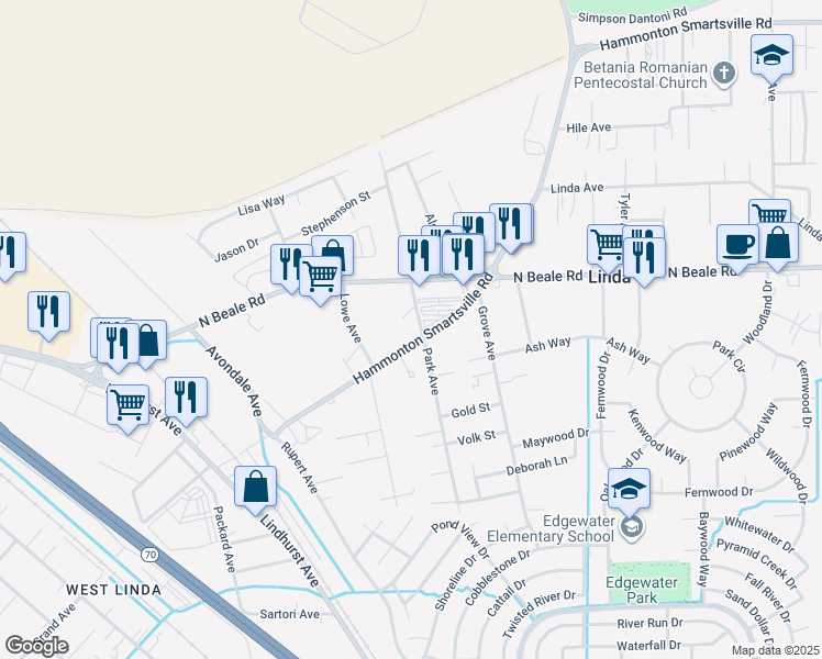 map of restaurants, bars, coffee shops, grocery stores, and more near 5956 Park Avenue in Linda