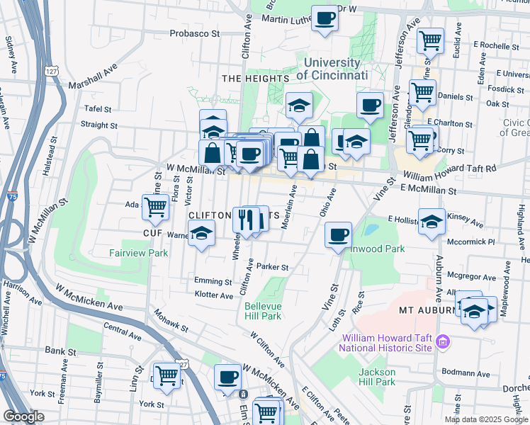 map of restaurants, bars, coffee shops, grocery stores, and more near 228 Atkinson Street in Cincinnati