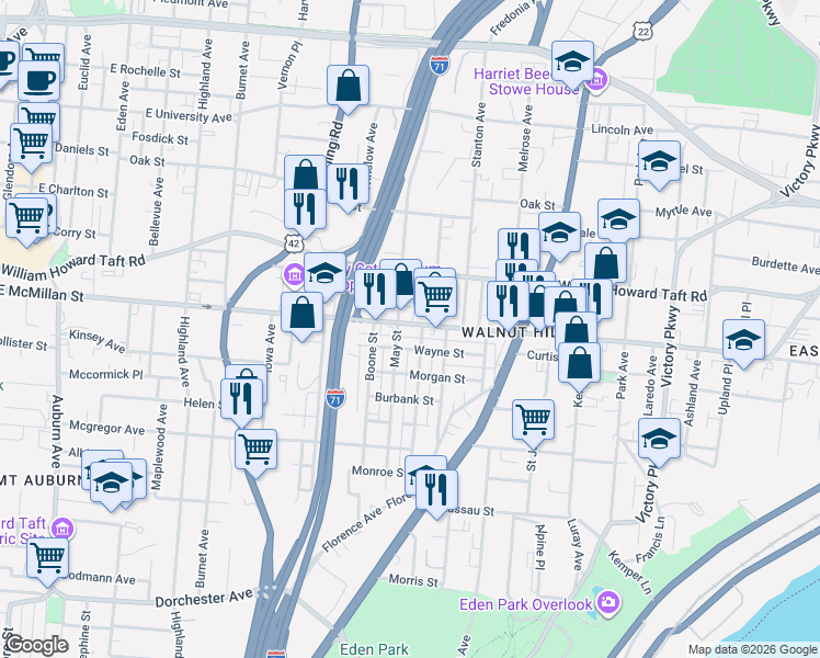 map of restaurants, bars, coffee shops, grocery stores, and more near 701 East McMillan Street in Cincinnati