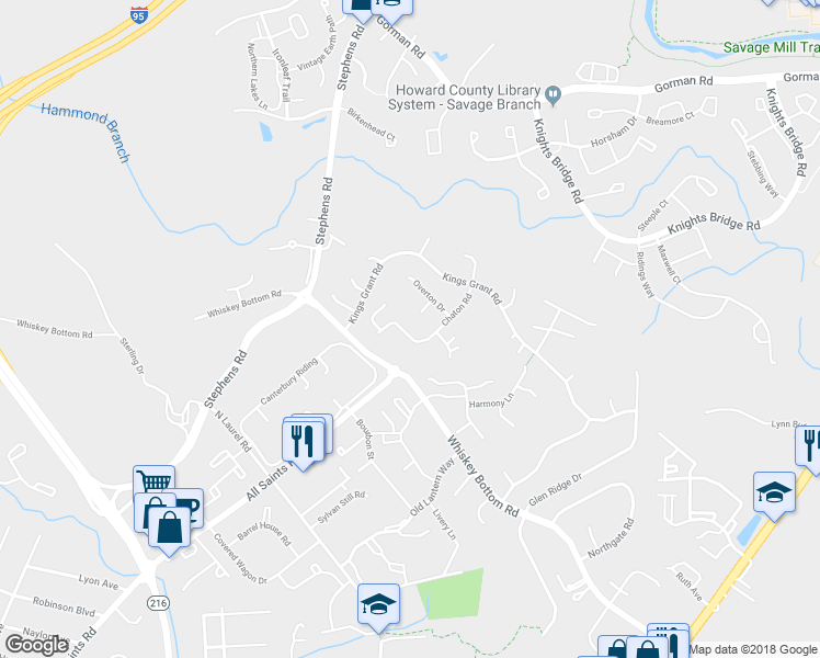 map of restaurants, bars, coffee shops, grocery stores, and more near 9556 Chaton Road in Laurel