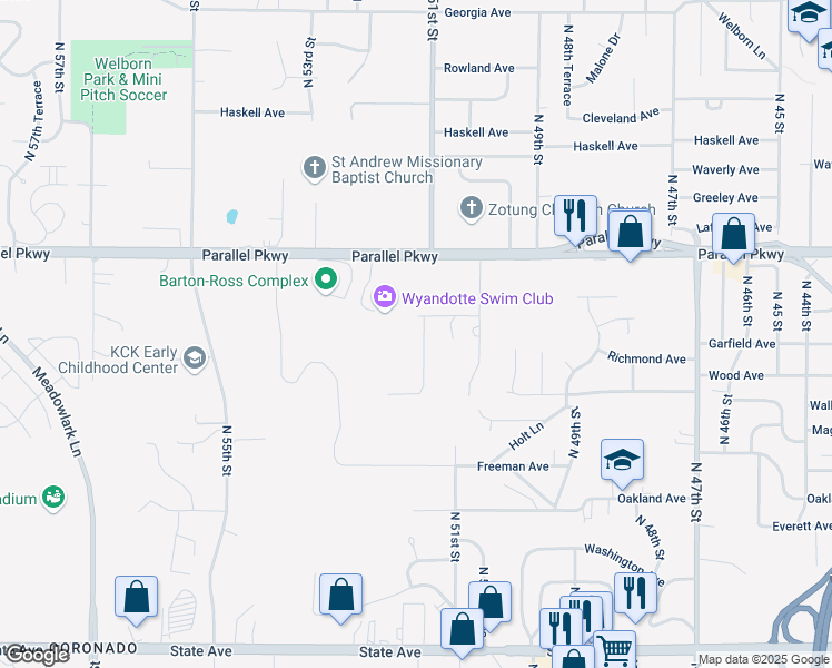map of restaurants, bars, coffee shops, grocery stores, and more near 1852 North 51st Terrace in Kansas City