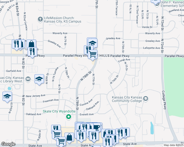 map of restaurants, bars, coffee shops, grocery stores, and more near 1826 North 77th Street in Kansas City