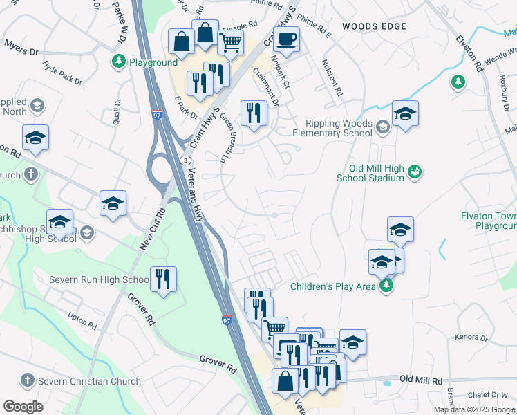 map of restaurants, bars, coffee shops, grocery stores, and more near 8140 Cloverhurst Road in Glen Burnie
