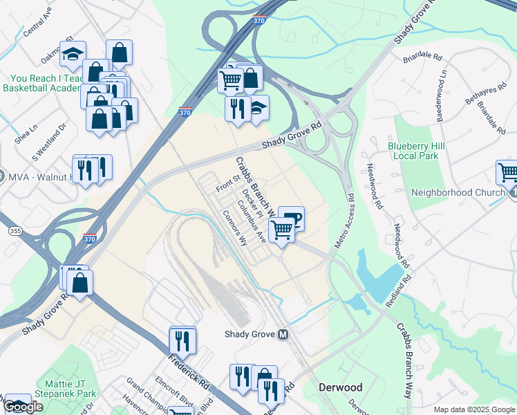 map of restaurants, bars, coffee shops, grocery stores, and more near 16223 Decker Place in Derwood