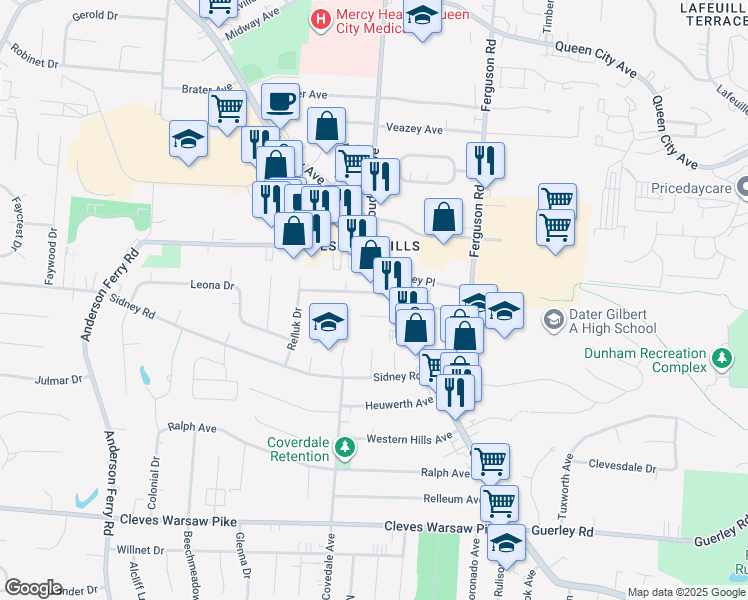 map of restaurants, bars, coffee shops, grocery stores, and more near 5301 Glenway Avenue in Cincinnati