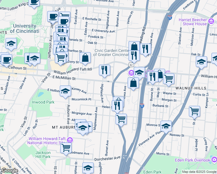 map of restaurants, bars, coffee shops, grocery stores, and more near 2499 U.S. 42 in Cincinnati