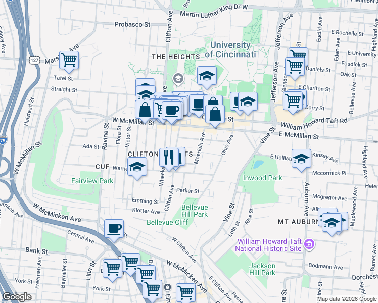 map of restaurants, bars, coffee shops, grocery stores, and more near 228 Atkinson Street in Cincinnati