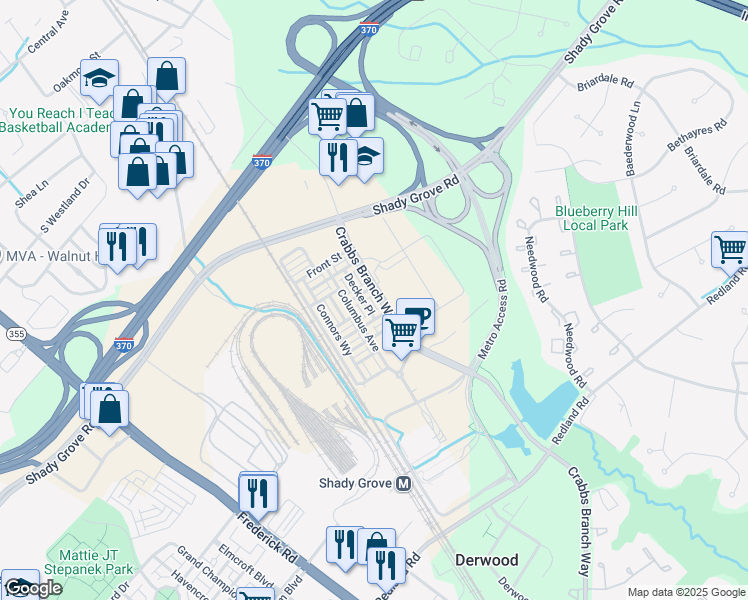 map of restaurants, bars, coffee shops, grocery stores, and more near 16584 Crabbs Branch Way in Rockville