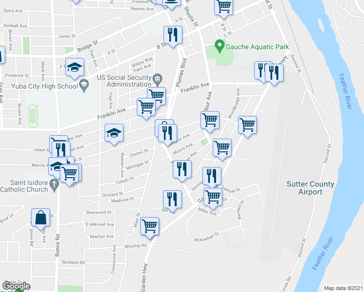 map of restaurants, bars, coffee shops, grocery stores, and more near 311 Moore Ave in Yuba City