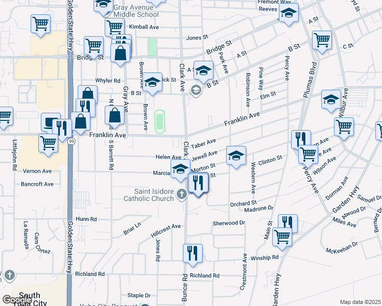 map of restaurants, bars, coffee shops, grocery stores, and more near 53 Clark Avenue in Yuba City