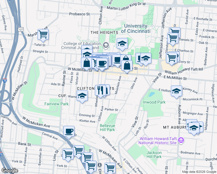 map of restaurants, bars, coffee shops, grocery stores, and more near 228 Atkinson Street in Cincinnati