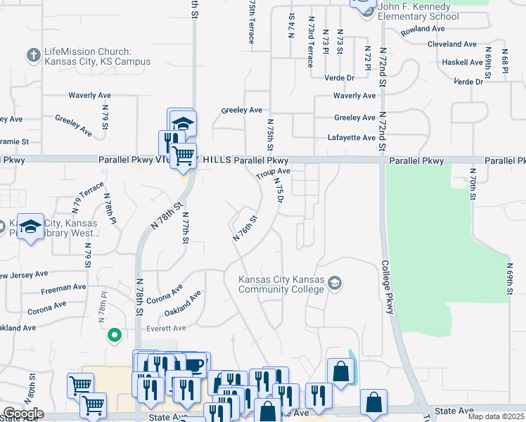 map of restaurants, bars, coffee shops, grocery stores, and more near 1919 North 76th Drive in Kansas City