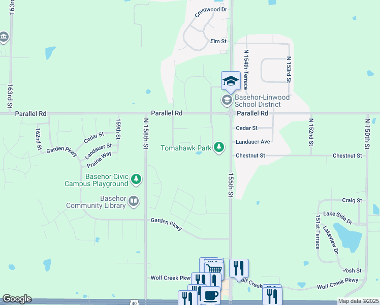 map of restaurants, bars, coffee shops, grocery stores, and more near 15627 Landauer Street in Basehor