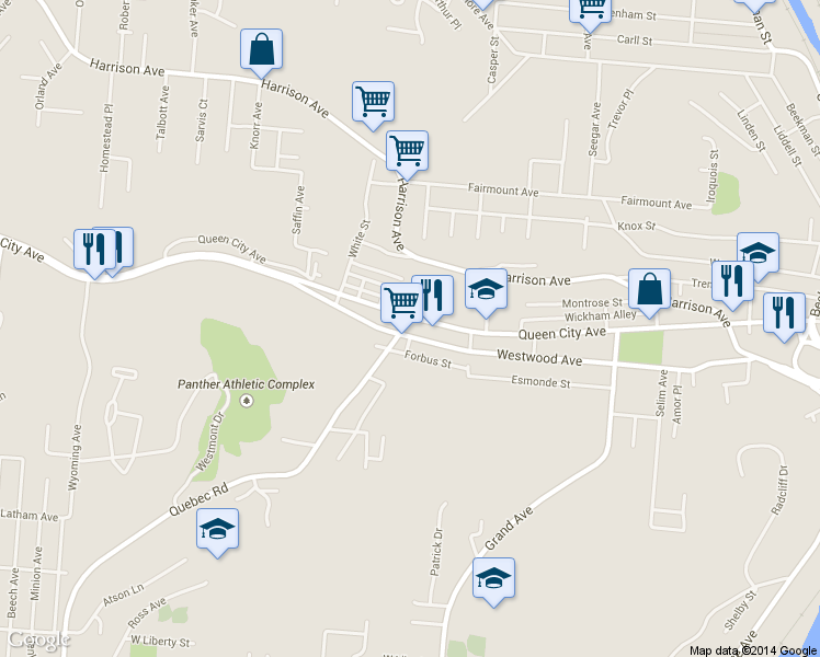 map of restaurants, bars, coffee shops, grocery stores, and more near 1865 Queen City Ave in Cincinnati