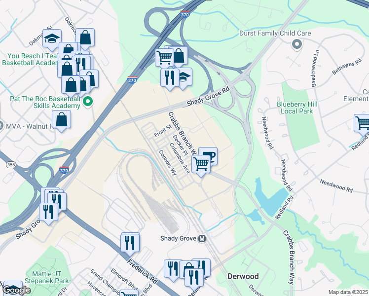 map of restaurants, bars, coffee shops, grocery stores, and more near 16223 Decker Place in Derwood