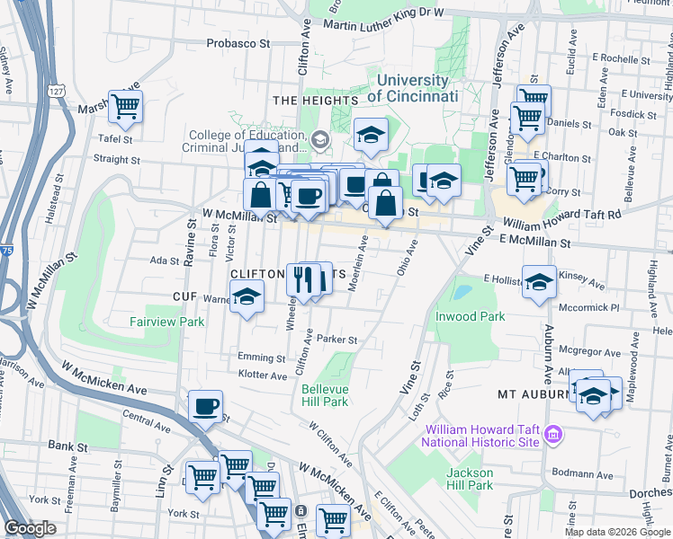 map of restaurants, bars, coffee shops, grocery stores, and more near 220 Atkinson Street in Cincinnati