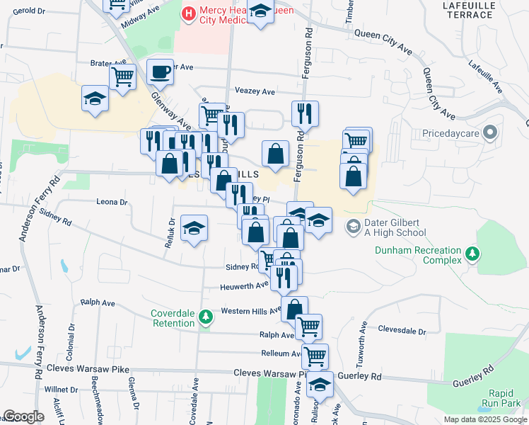 map of restaurants, bars, coffee shops, grocery stores, and more near 4938 Ferguson Pl in Cincinnati