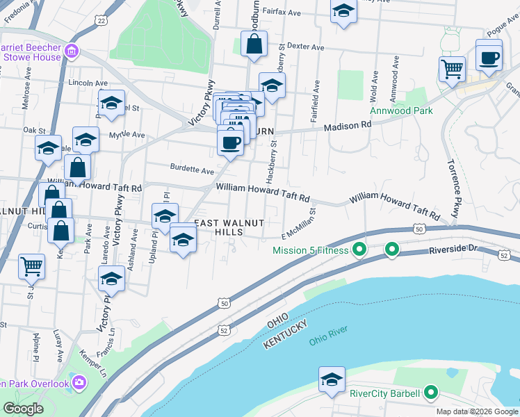 map of restaurants, bars, coffee shops, grocery stores, and more near 2541 Hackberry Street in Cincinnati
