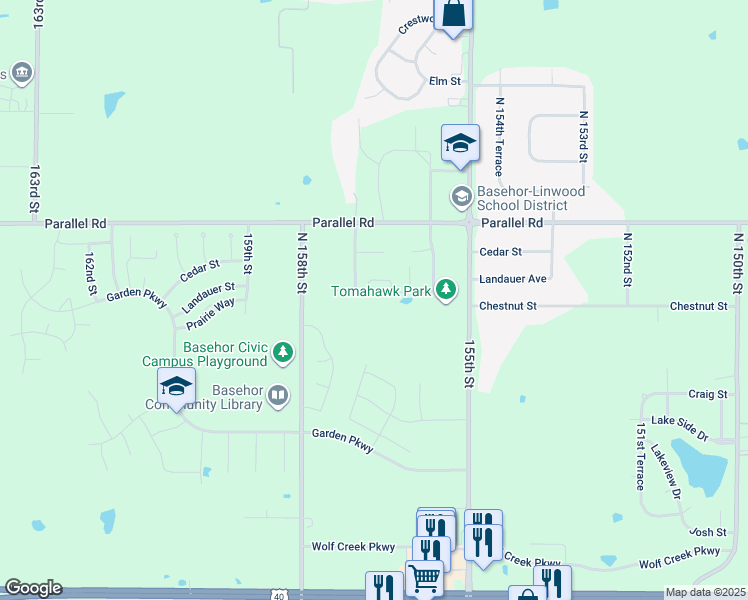 map of restaurants, bars, coffee shops, grocery stores, and more near 15627 Landauer Street in Basehor