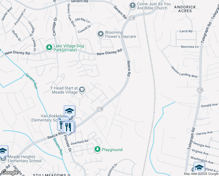 map of restaurants, bars, coffee shops, grocery stores, and more near 7916 Sage Way in Severn