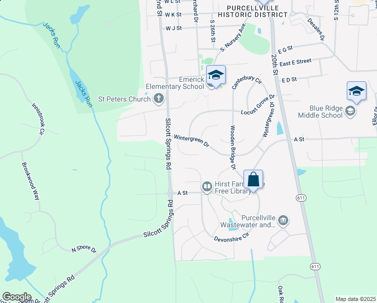 map of restaurants, bars, coffee shops, grocery stores, and more near 816 Woodbine Court in Purcellville
