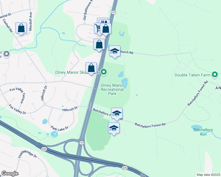 map of restaurants, bars, coffee shops, grocery stores, and more near 16601 Georgia Avenue in Olney