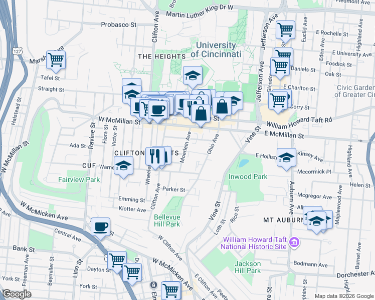 map of restaurants, bars, coffee shops, grocery stores, and more near 2408 Moerlein Avenue in Cincinnati