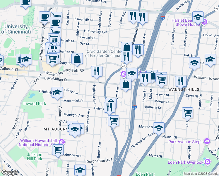 map of restaurants, bars, coffee shops, grocery stores, and more near 2426 Reading Road in Cincinnati