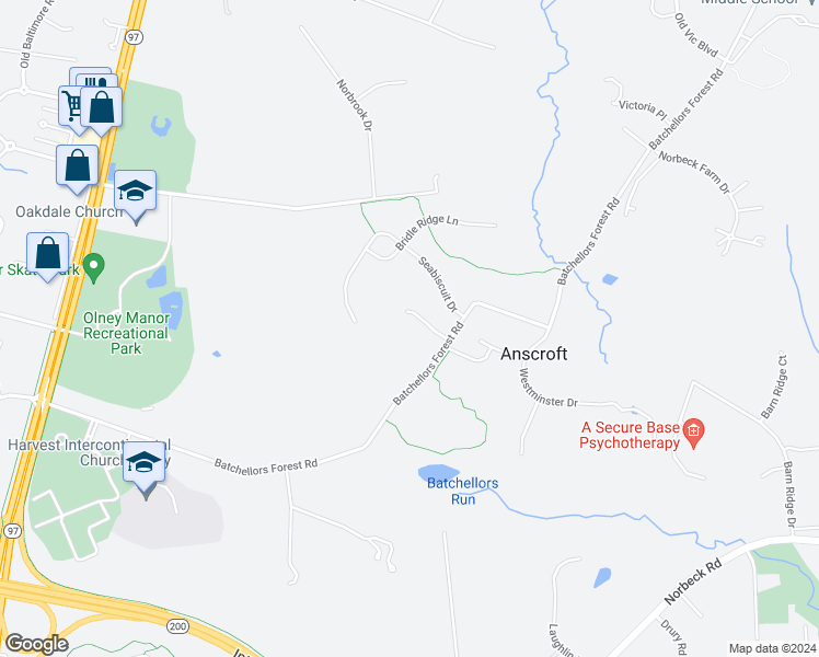 map of restaurants, bars, coffee shops, grocery stores, and more near 16501 Batchellors Forest Road in Olney