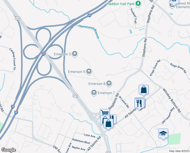 map of restaurants, bars, coffee shops, grocery stores, and more near 9111 Sterling Drive in Laurel