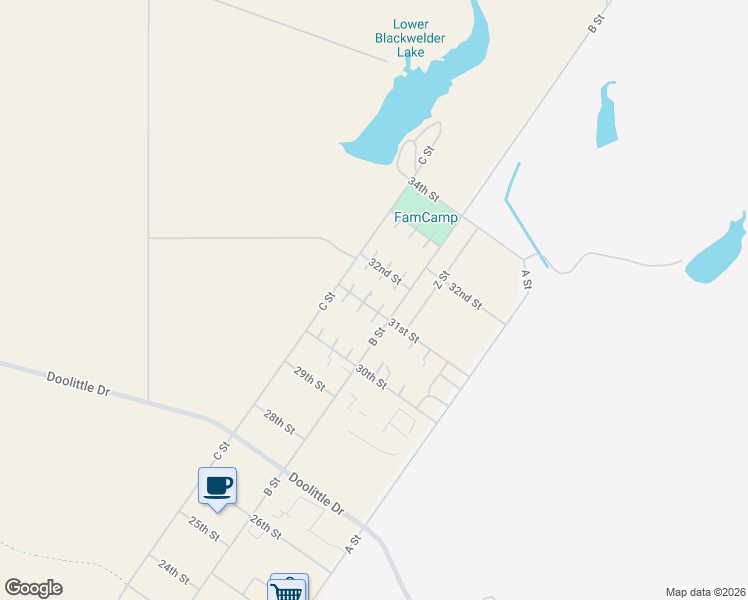 map of restaurants, bars, coffee shops, grocery stores, and more near 95 Spruce Lane in Beale Air Force Base