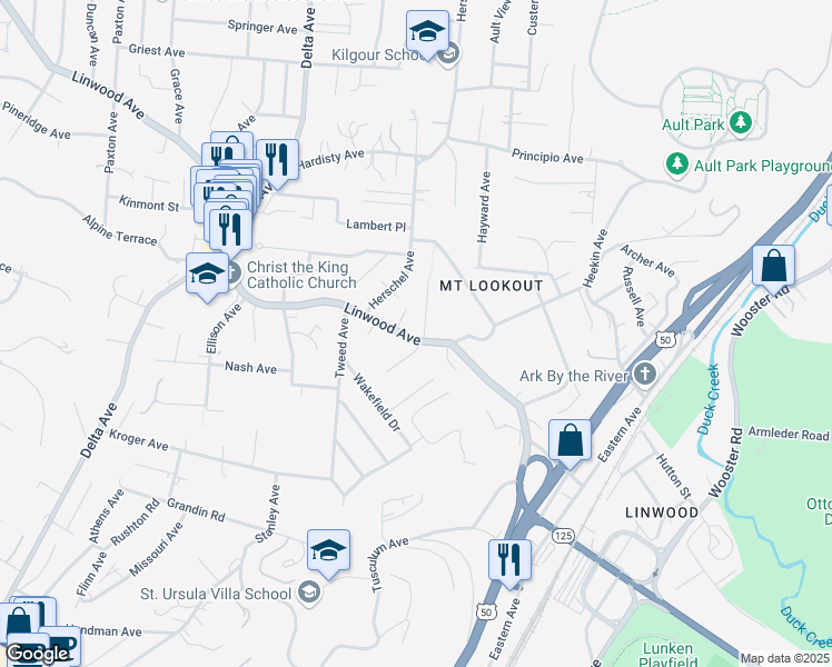 map of restaurants, bars, coffee shops, grocery stores, and more near 3462 Linwood Avenue in Cincinnati